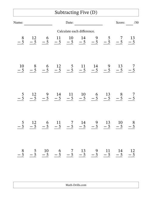 The Subtracting Five With Differences from 0 to 9 – 50 Questions (D) Math Worksheet
