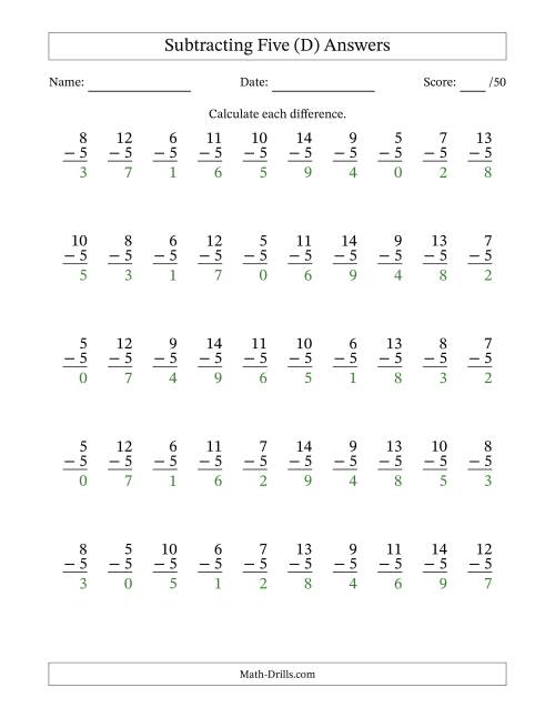The Subtracting Five With Differences from 0 to 9 – 50 Questions (D) Math Worksheet Page 2