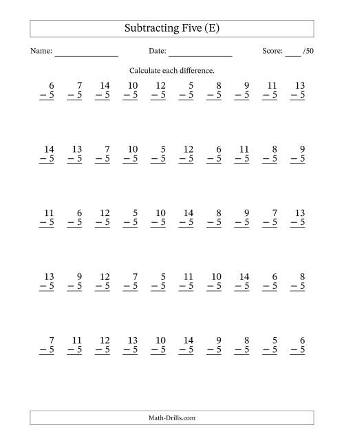The Subtracting Five With Differences from 0 to 9 – 50 Questions (E) Math Worksheet