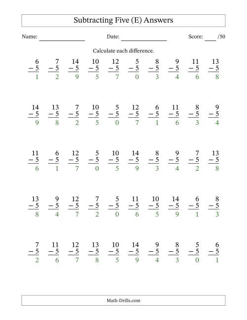 The Subtracting Five With Differences from 0 to 9 – 50 Questions (E) Math Worksheet Page 2