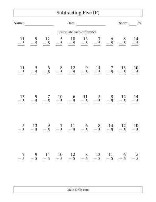 The Subtracting Five With Differences from 0 to 9 – 50 Questions (F) Math Worksheet