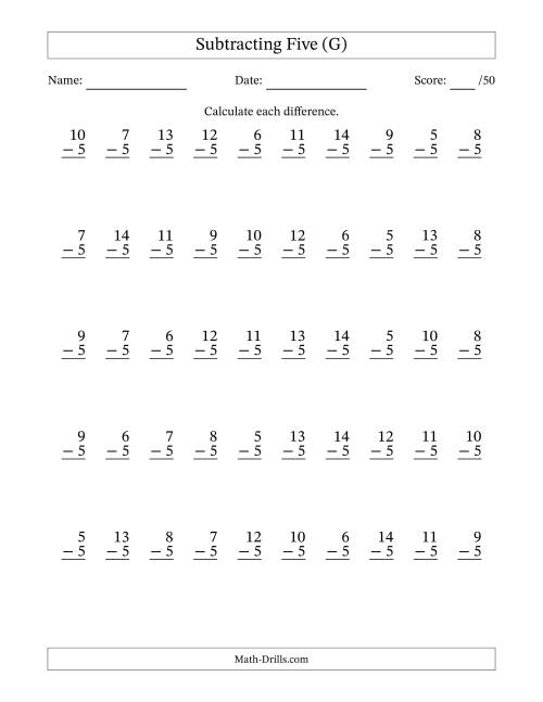 The Subtracting Five With Differences from 0 to 9 – 50 Questions (G) Math Worksheet