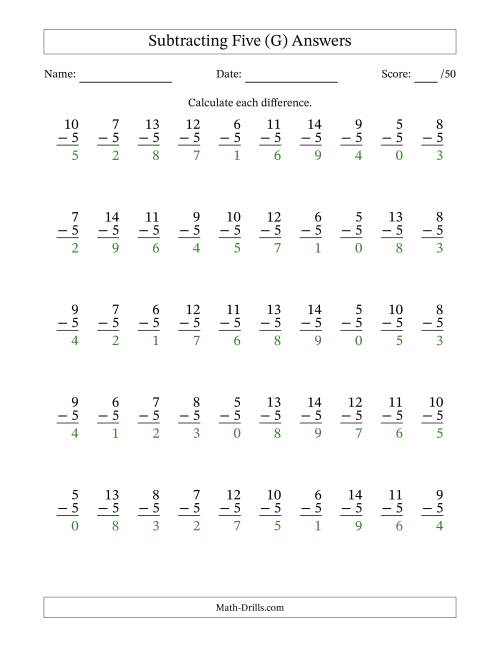 The Subtracting Five With Differences from 0 to 9 – 50 Questions (G) Math Worksheet Page 2