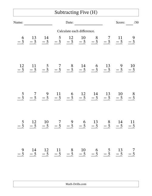 The Subtracting Five With Differences from 0 to 9 – 50 Questions (H) Math Worksheet