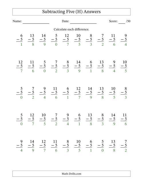 The Subtracting Five With Differences from 0 to 9 – 50 Questions (H) Math Worksheet Page 2