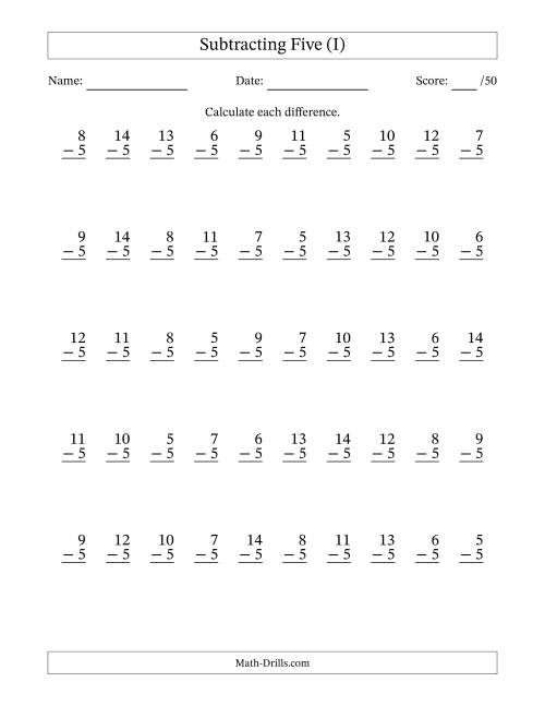 The Subtracting Five With Differences from 0 to 9 – 50 Questions (I) Math Worksheet