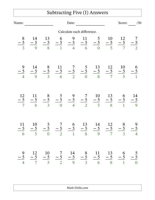 The Subtracting Five With Differences from 0 to 9 – 50 Questions (I) Math Worksheet Page 2