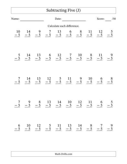 The Subtracting Five With Differences from 0 to 9 – 50 Questions (J) Math Worksheet