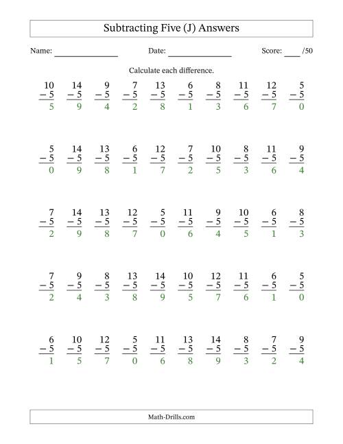The Subtracting Five With Differences from 0 to 9 – 50 Questions (J) Math Worksheet Page 2