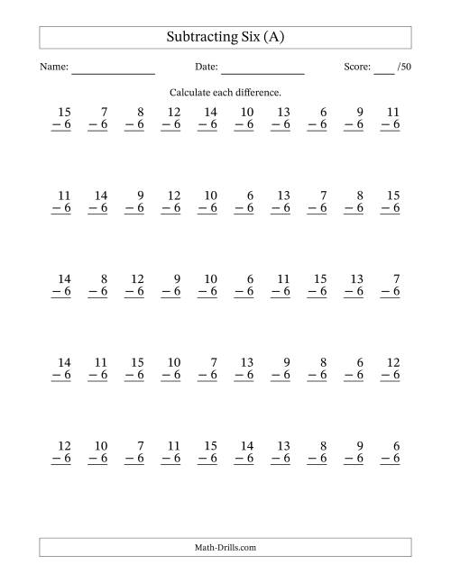 The Subtracting Six With Differences from 0 to 9 – 50 Questions (A) Math Worksheet
