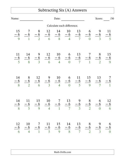 The Subtracting Six With Differences from 0 to 9 – 50 Questions (A) Math Worksheet Page 2