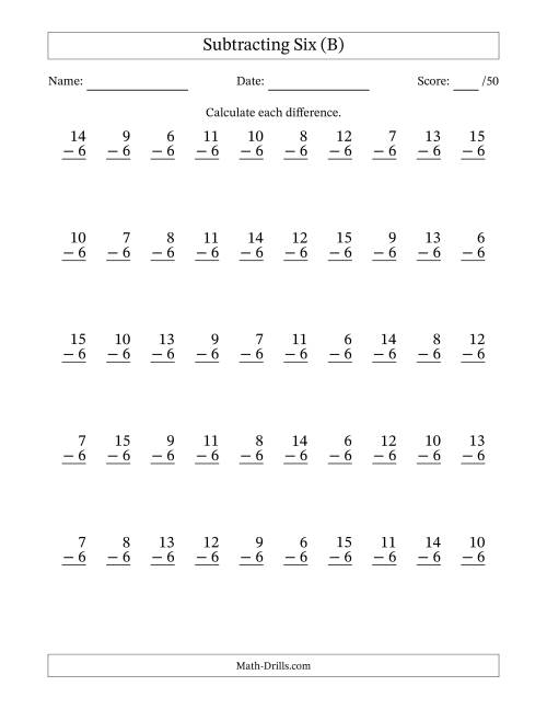 The Subtracting Six With Differences from 0 to 9 – 50 Questions (B) Math Worksheet