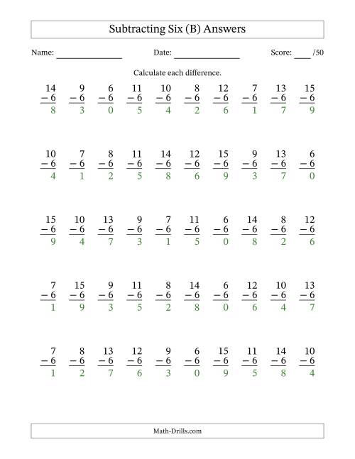 The Subtracting Six With Differences from 0 to 9 – 50 Questions (B) Math Worksheet Page 2
