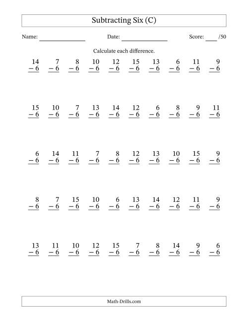 The Subtracting Six (6) with Differences 0 to 9 (50 Questions) (C) Math Worksheet