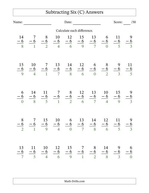 The Subtracting Six With Differences from 0 to 9 – 50 Questions (C) Math Worksheet Page 2