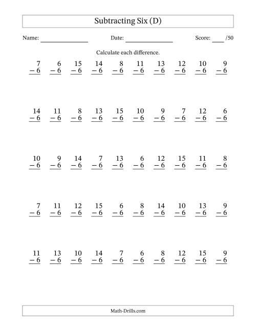 The Subtracting Six With Differences from 0 to 9 – 50 Questions (D) Math Worksheet