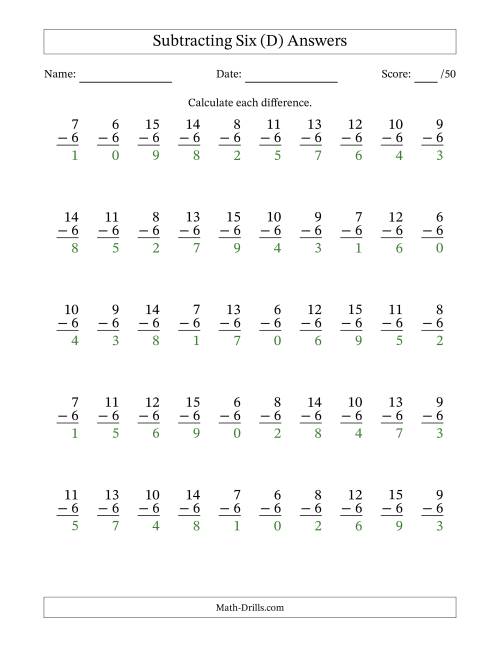 The Subtracting Six With Differences from 0 to 9 – 50 Questions (D) Math Worksheet Page 2
