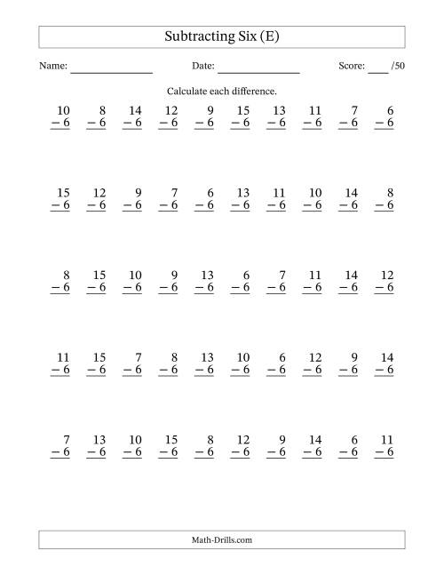 The Subtracting Six With Differences from 0 to 9 – 50 Questions (E) Math Worksheet