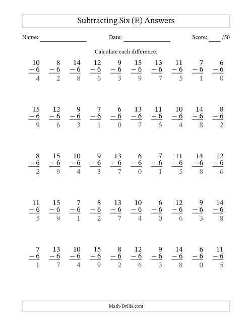 The Subtracting Six With Differences from 0 to 9 – 50 Questions (E) Math Worksheet Page 2