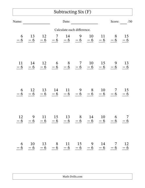The Subtracting Six With Differences from 0 to 9 – 50 Questions (F) Math Worksheet