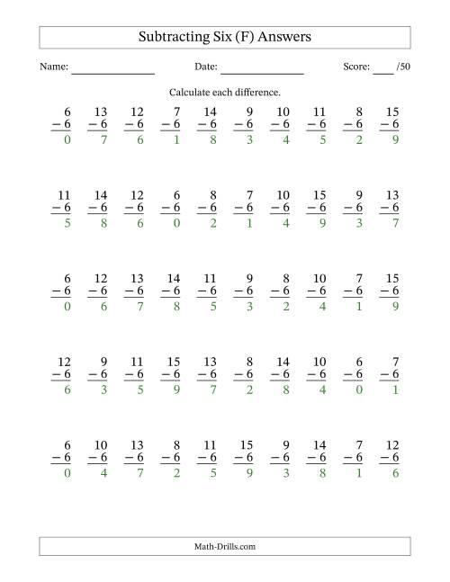 The Subtracting Six With Differences from 0 to 9 – 50 Questions (F) Math Worksheet Page 2
