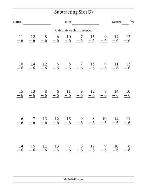 The Subtracting Six (6) with Differences 0 to 9 (50 Questions) (G) Math Worksheet