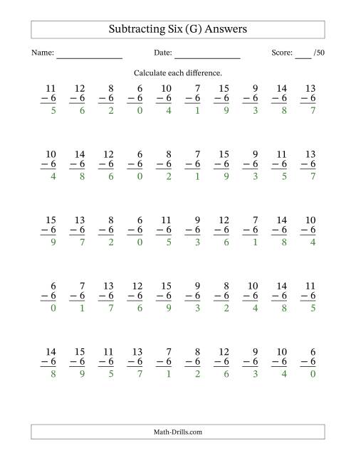 The Subtracting Six With Differences from 0 to 9 – 50 Questions (G) Math Worksheet Page 2