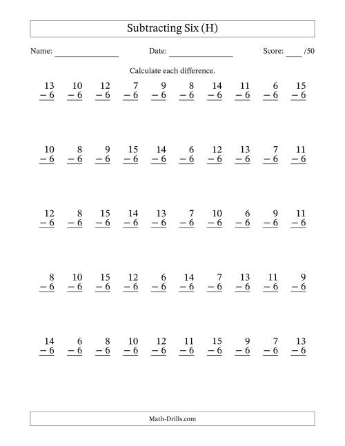 The Subtracting Six (6) with Differences 0 to 9 (50 Questions) (H) Math Worksheet
