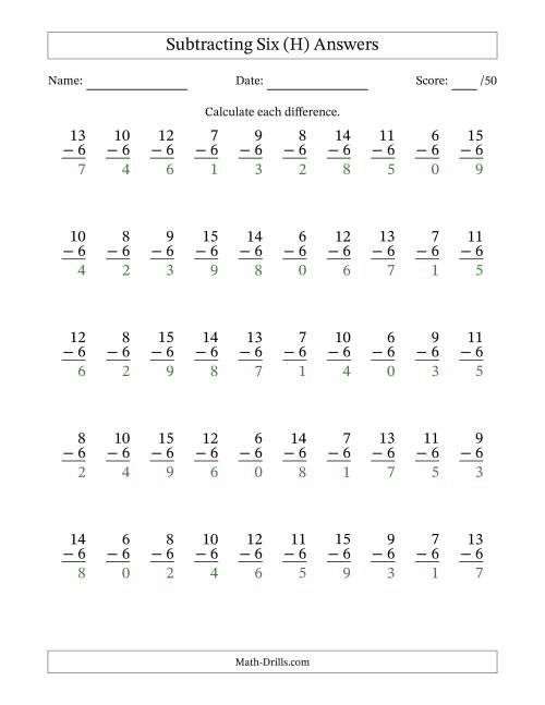The Subtracting Six With Differences from 0 to 9 – 50 Questions (H) Math Worksheet Page 2