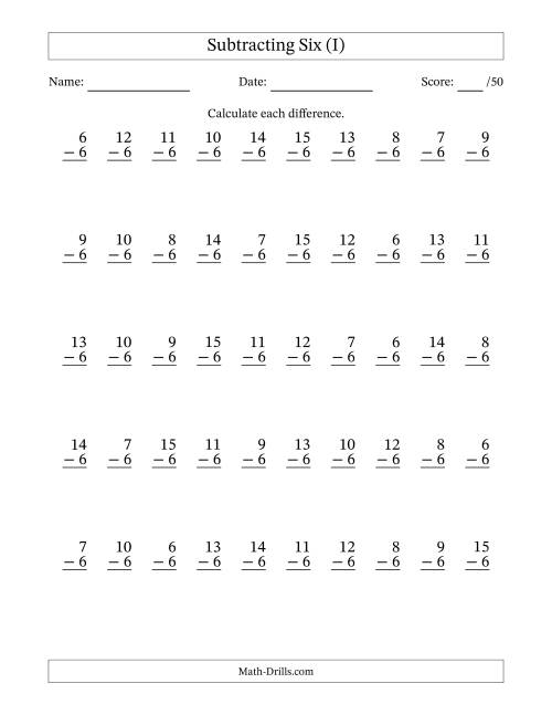 The Subtracting Six With Differences from 0 to 9 – 50 Questions (I) Math Worksheet