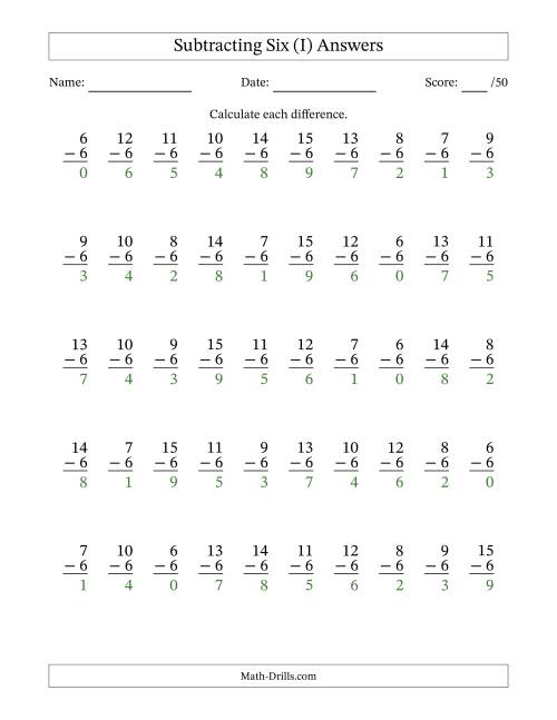 The Subtracting Six With Differences from 0 to 9 – 50 Questions (I) Math Worksheet Page 2