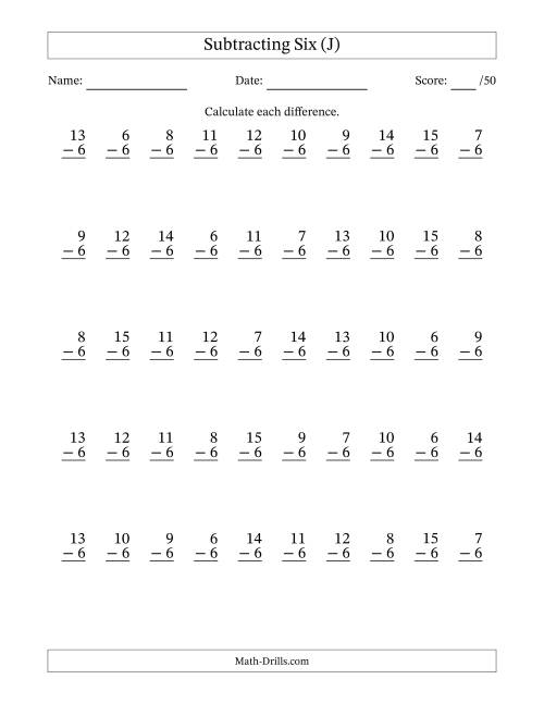 The Subtracting Six With Differences from 0 to 9 – 50 Questions (J) Math Worksheet