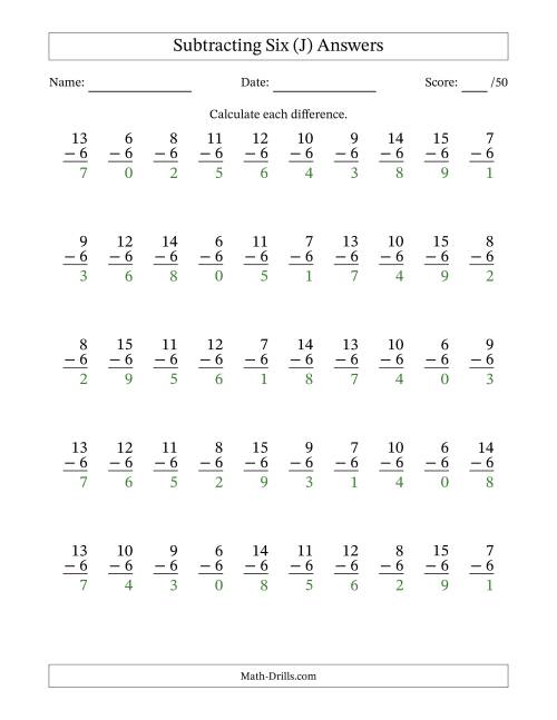 The Subtracting Six With Differences from 0 to 9 – 50 Questions (J) Math Worksheet Page 2