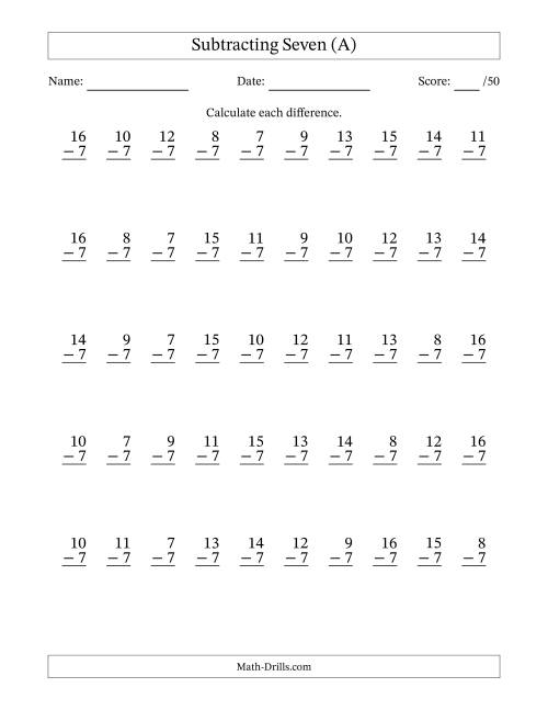 The Subtracting Seven With Differences from 0 to 9 – 50 Questions (A) Math Worksheet