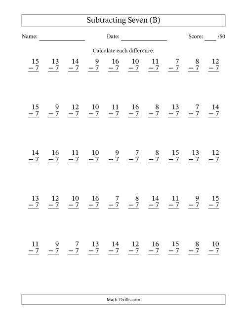 The Subtracting Seven With Differences from 0 to 9 – 50 Questions (B) Math Worksheet