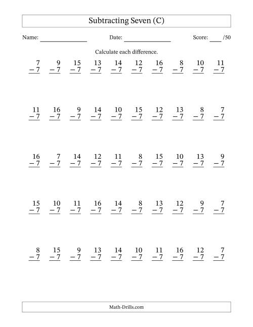 The Subtracting Seven With Differences from 0 to 9 – 50 Questions (C) Math Worksheet