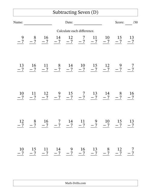 The Subtracting Seven With Differences from 0 to 9 – 50 Questions (D) Math Worksheet