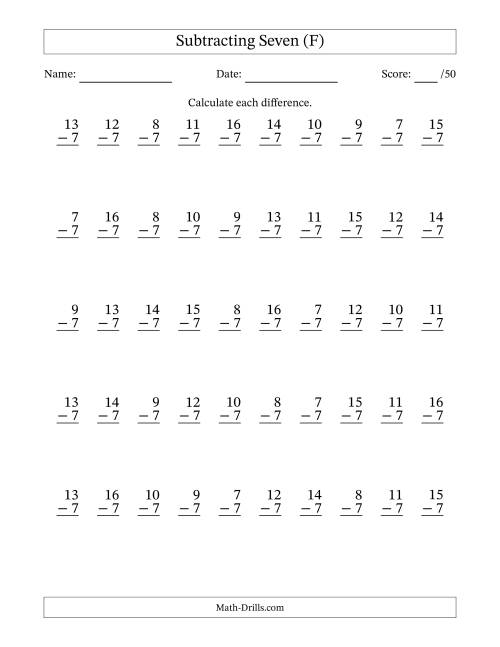 The Subtracting Seven With Differences from 0 to 9 – 50 Questions (F) Math Worksheet