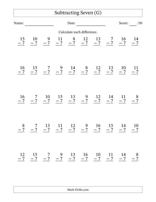 The Subtracting Seven With Differences from 0 to 9 – 50 Questions (G) Math Worksheet