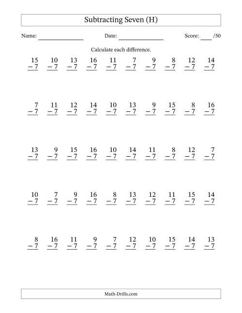 The Subtracting Seven With Differences from 0 to 9 – 50 Questions (H) Math Worksheet