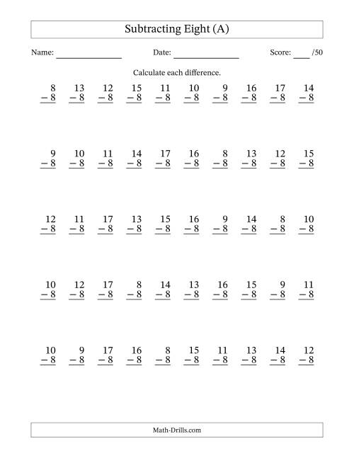 The Subtracting Eight With Differences from 0 to 9 – 50 Questions (A) Math Worksheet