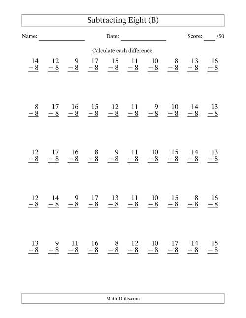 The Subtracting Eight With Differences from 0 to 9 – 50 Questions (B) Math Worksheet