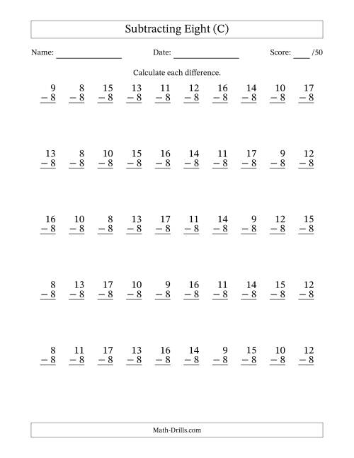 The Subtracting Eight With Differences from 0 to 9 – 50 Questions (C) Math Worksheet