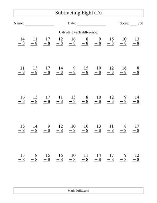 The Subtracting Eight With Differences from 0 to 9 – 50 Questions (D) Math Worksheet