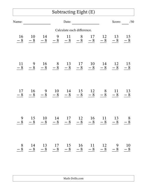 The Subtracting Eight With Differences from 0 to 9 – 50 Questions (E) Math Worksheet