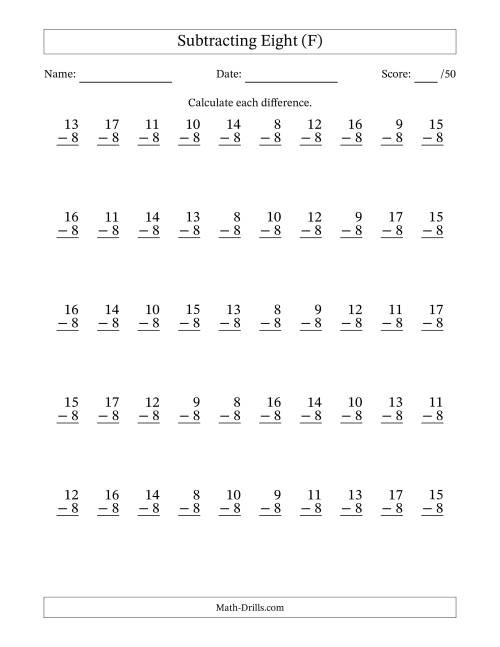 The Subtracting Eight With Differences from 0 to 9 – 50 Questions (F) Math Worksheet