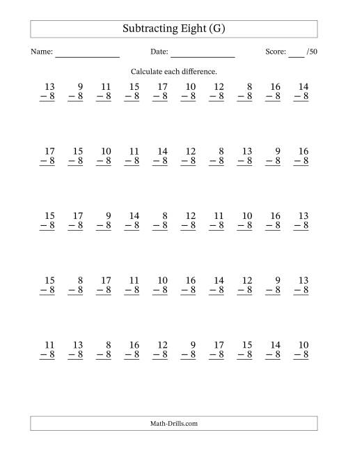 The Subtracting Eight With Differences from 0 to 9 – 50 Questions (G) Math Worksheet