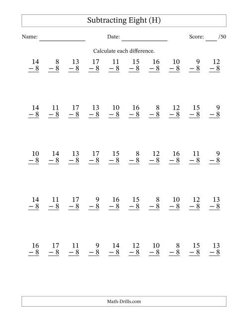 The Subtracting Eight With Differences from 0 to 9 – 50 Questions (H) Math Worksheet