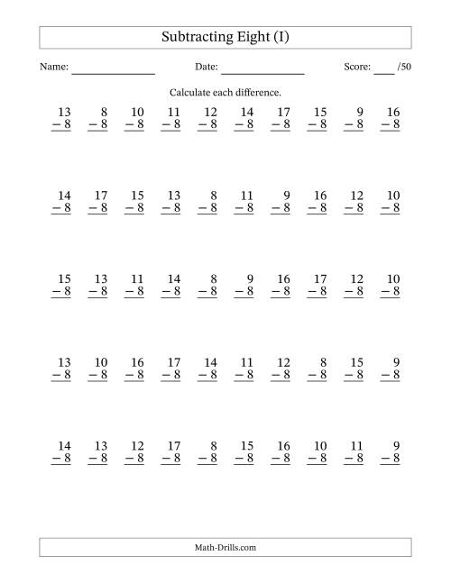 The Subtracting Eight With Differences from 0 to 9 – 50 Questions (I) Math Worksheet