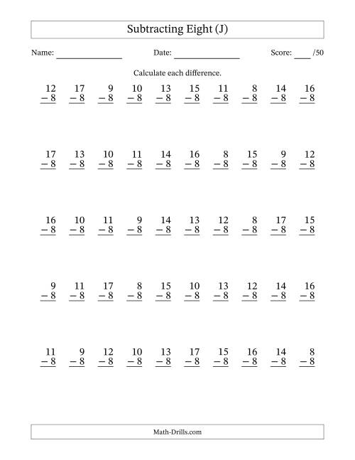 The Subtracting Eight With Differences from 0 to 9 – 50 Questions (J) Math Worksheet